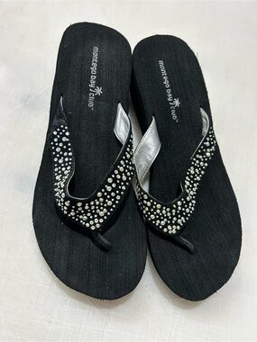 Montego Bay Club Black Rhinestone Thong Sandals with Silver Accent